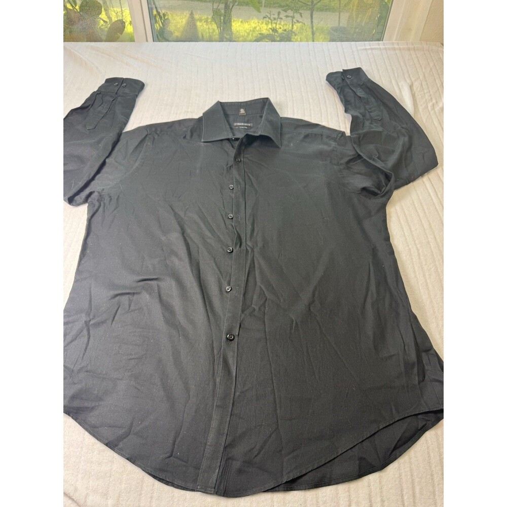 Van Heusen Mens Dress Shirt 17.5 34/35 Slim Fit Black Wrinkle Free Long Sleeve